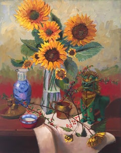 « Sunflowers and Fu Dog » de James Cobb ; 30" x 24" x 1,5" ; huile sur toile, 2018