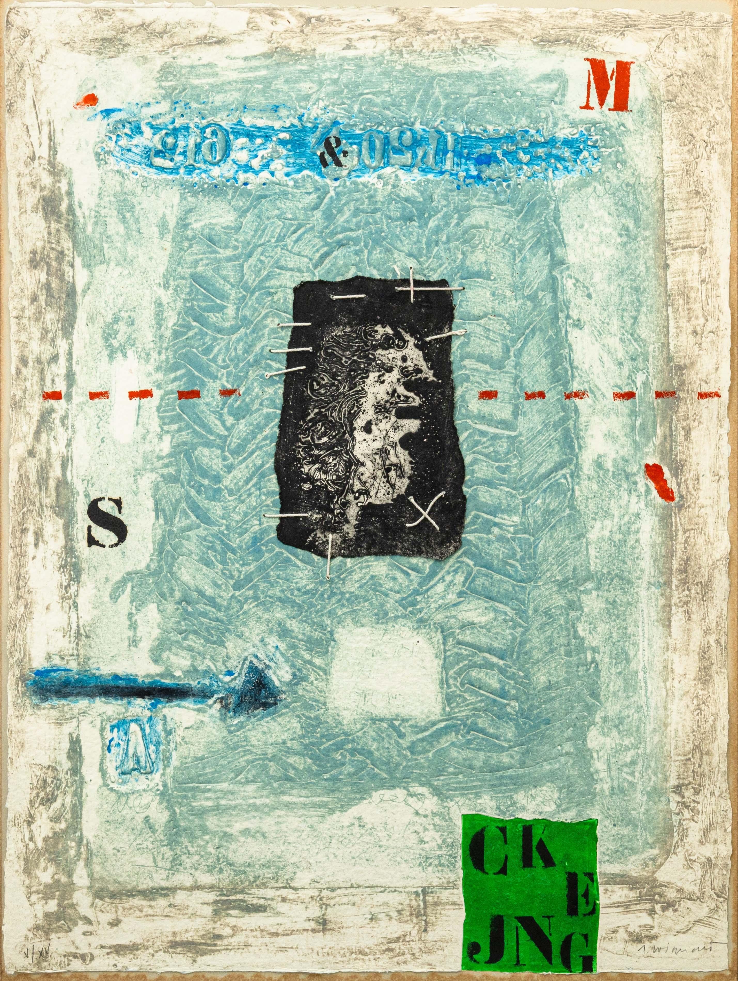 A postmodern carborundum etching on hand made paper by James Coignard. Hand signed in pencil lower right with an annotation of V/XV on the lower left. Published circa 1970s. Geometric and bright forms collaged together created a dynamic composition.