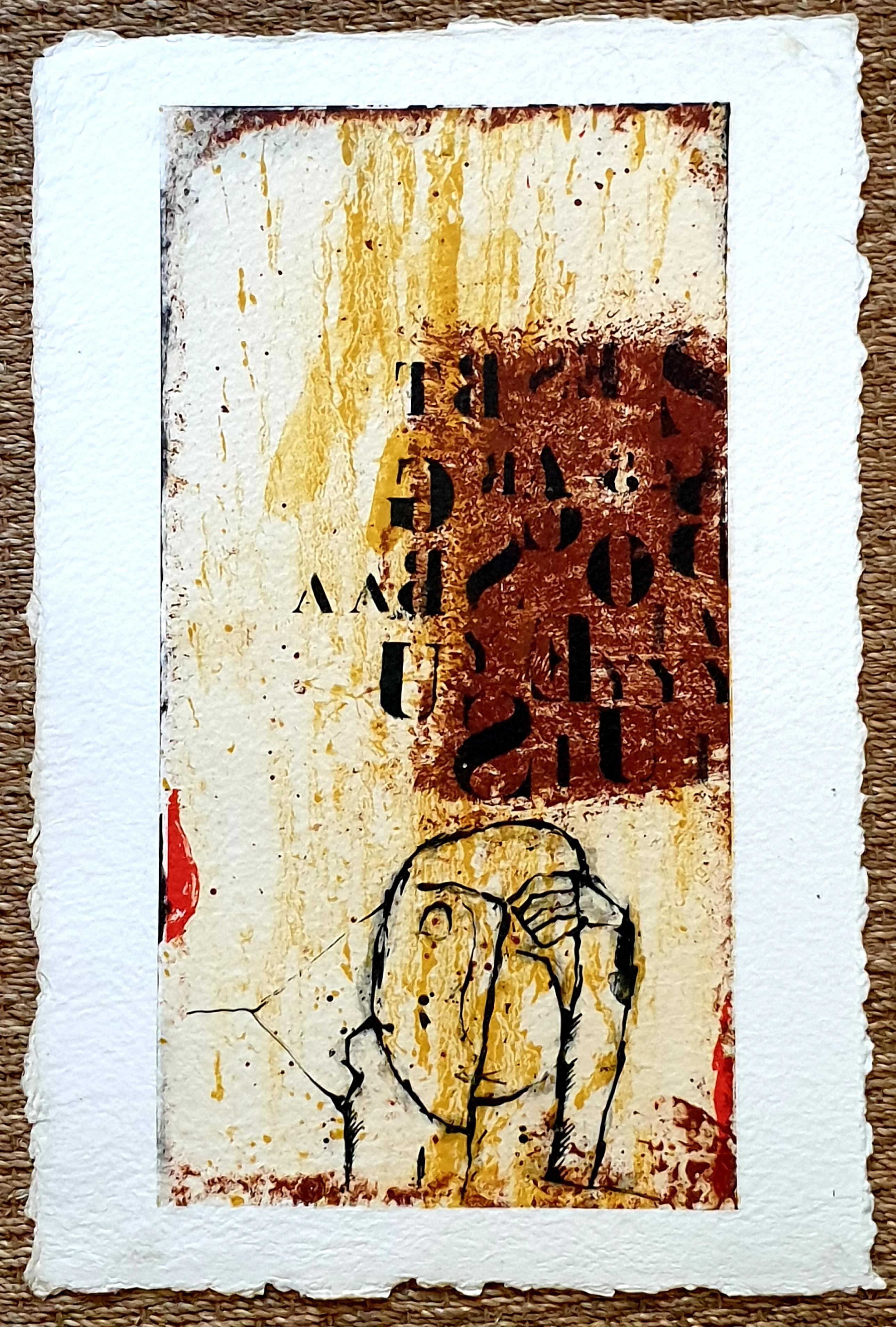 Abstract Expressionist Engraving on Handmade Paper, 'Profile and Letters'. - Print by James Coignard