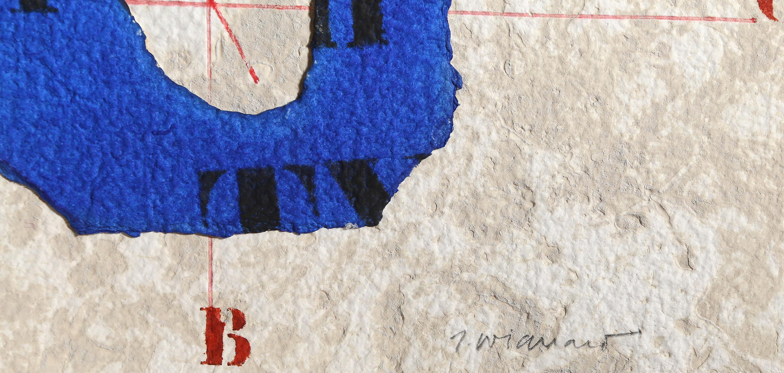 Axial du Bleu, Conceptual Hand-Colored Etching with Collage by James Coignard For Sale 1