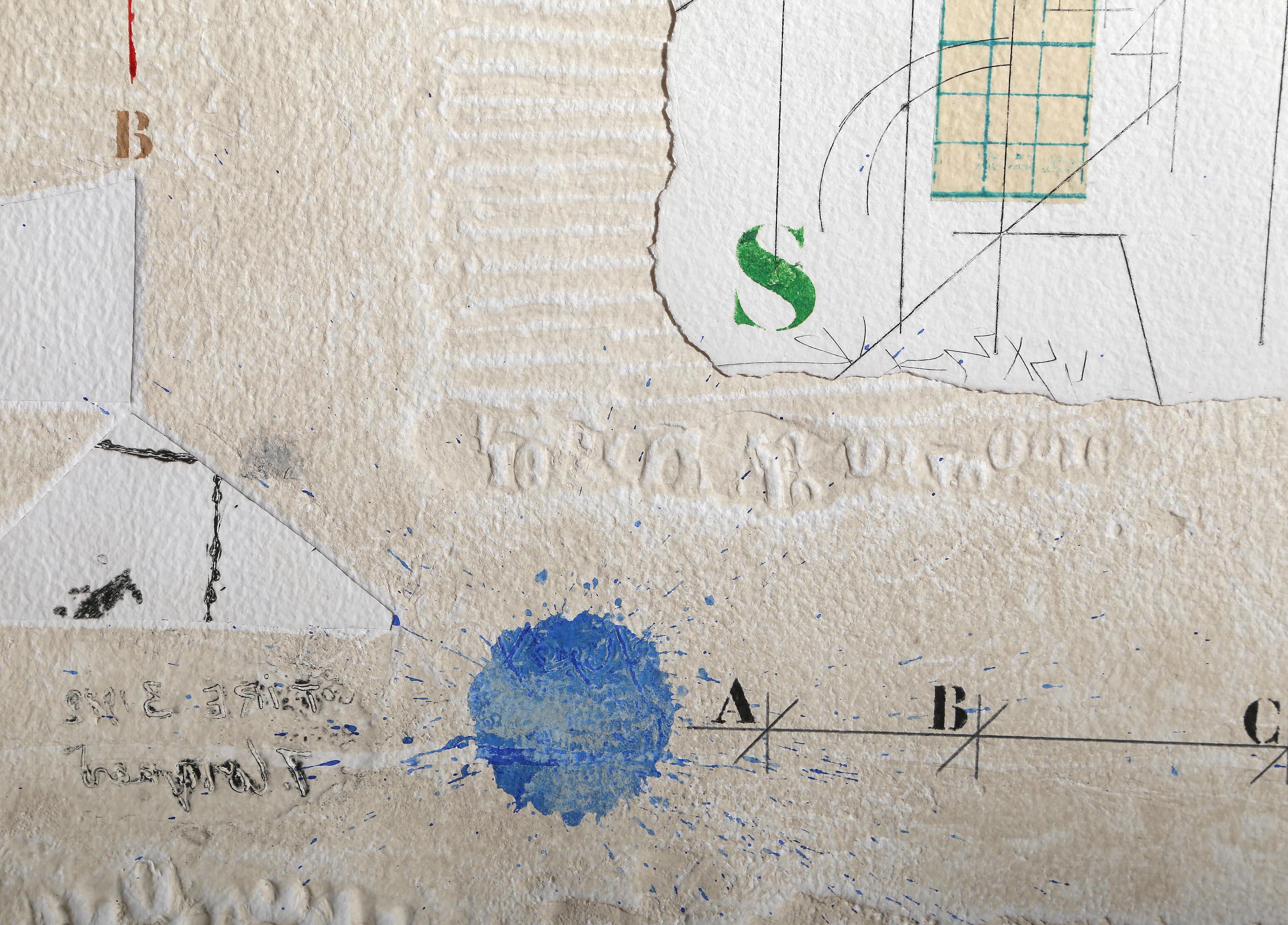 Elaboration Partielle, Conceptual Hand-Colored Etching with Collage by James Coi - Gray Abstract Print by James Coignard