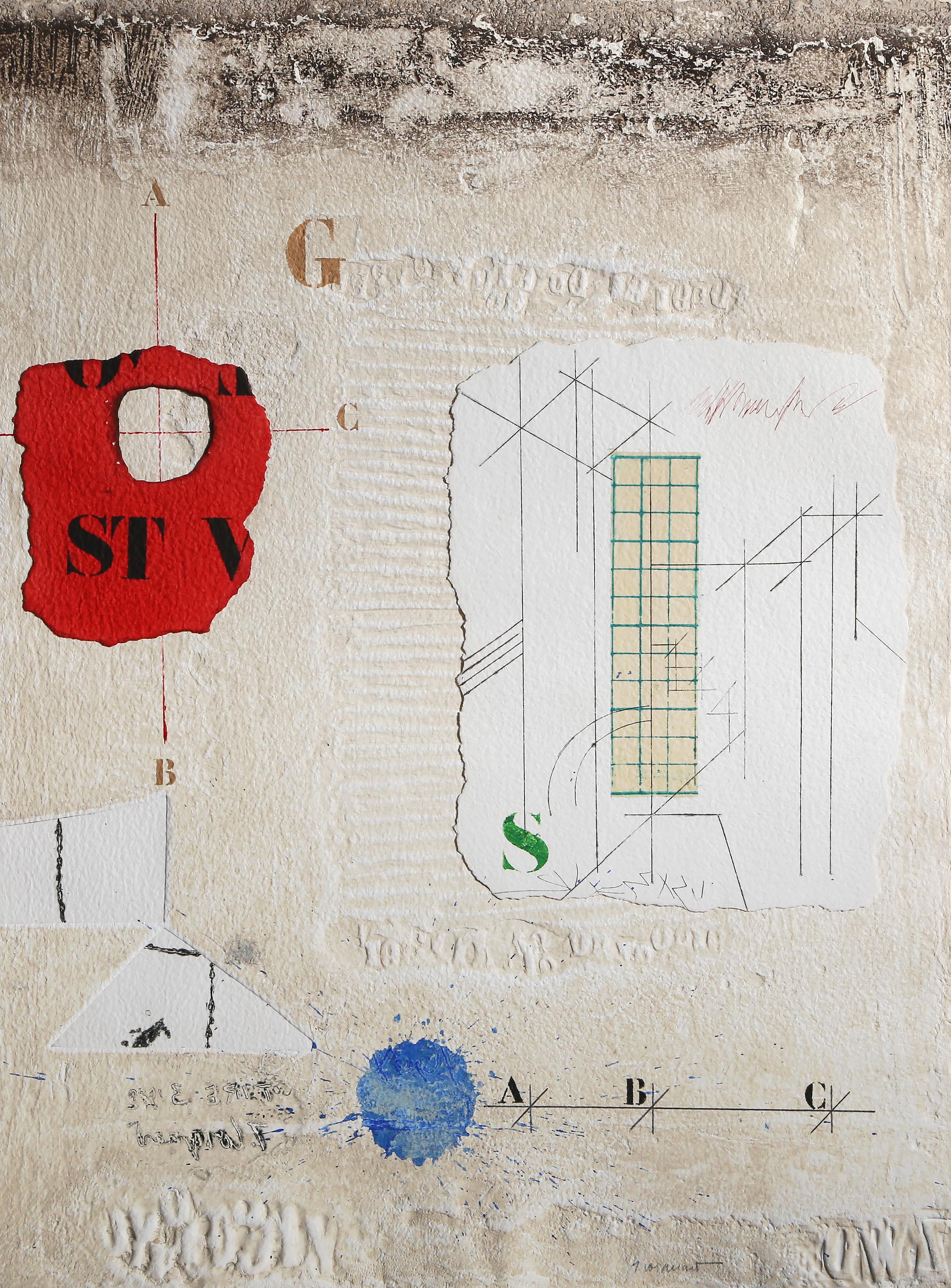 Elaboration Partielle, Conceptual Hand-Colored Etching with Collage by James Coi