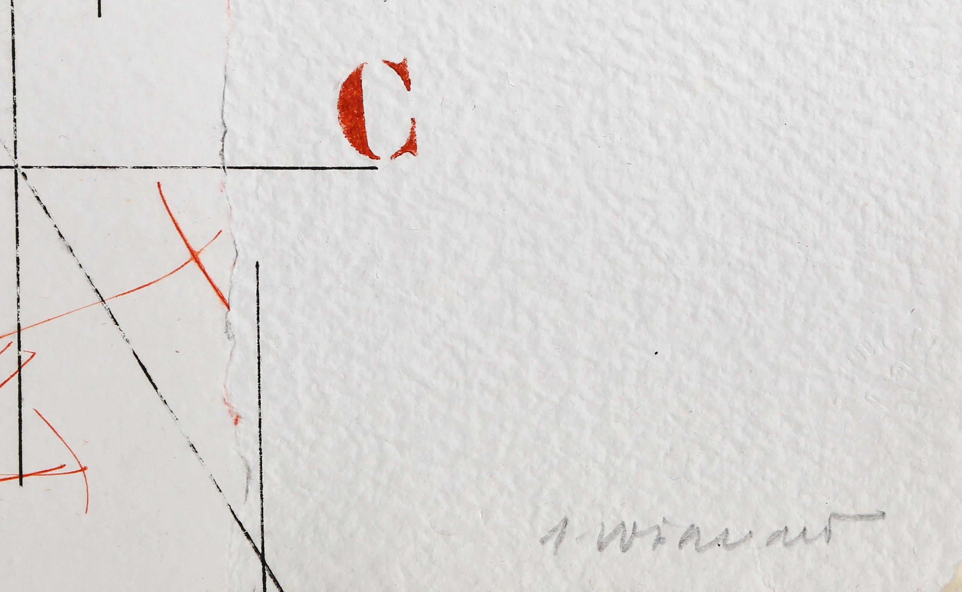 Les Axes Divergents, Conceptual Hand-Colored Etching with Collage by James Coign - Gray Abstract Print by James Coignard