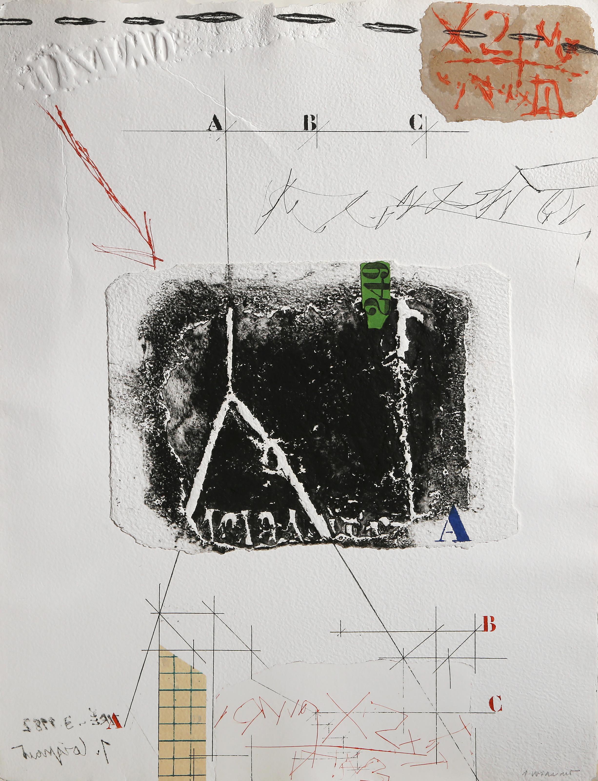James Coignard Abstract Print - Les Axes Divergents, Conceptual Hand-Colored Etching with Collage by James Coign