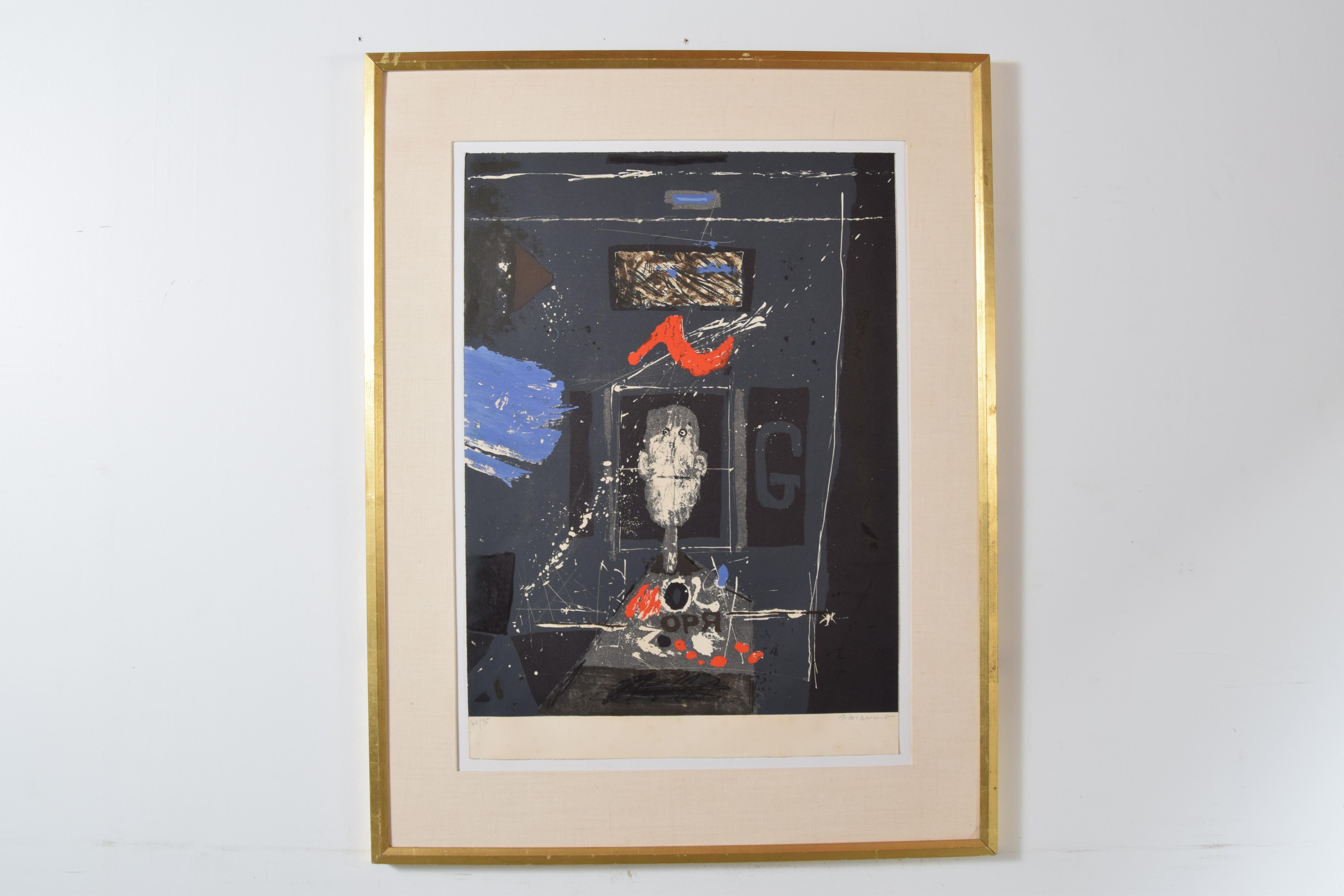 James Coignard (French, 1925–2008)

Nicely framed in gilded frame, linen mat.

Title: Untitled
Edition: Edition: 62/75
Medium:Etching with carborundum and collage on rag paper
Measurements: 37 1/8