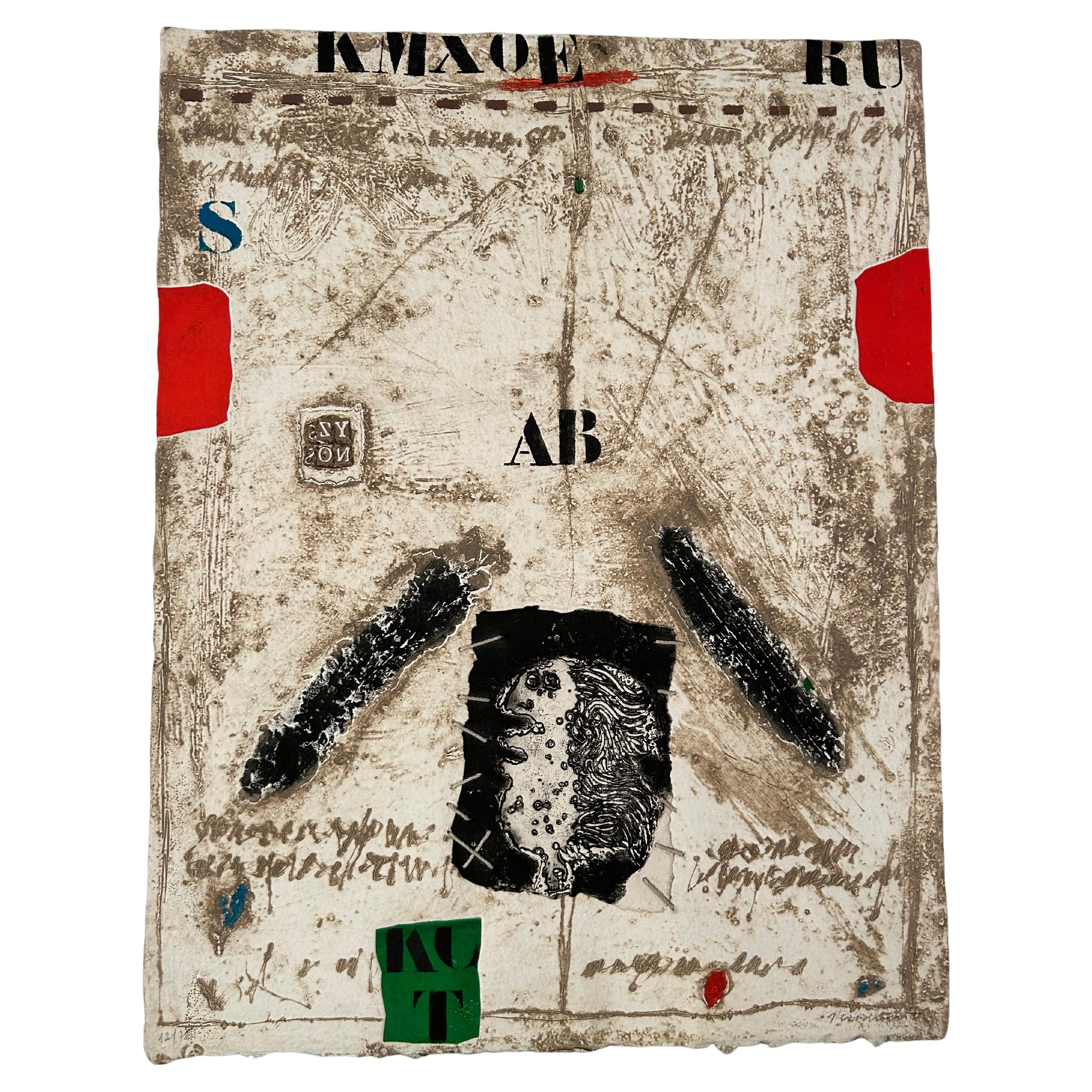 Large mixed media etching with carborundum and collage with cords on heavy handmade paper. 	Papier à la forme du Moulin de Larroque Colombe (handmade heavy paper, produced in an ancient mill from the XVth century in southwest France).