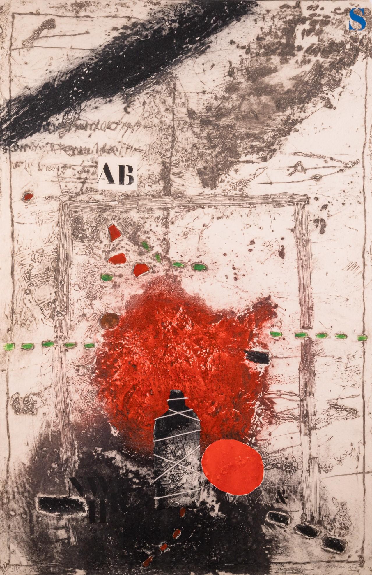 A captivating modern inspired carborundum etching on etching on Moulin de Larroque paper with applied collage and threaded twine by James Coignard. Hand signed bottom right with an annotation of 1/50 on the bottom left. From the “Otage et Rouge”