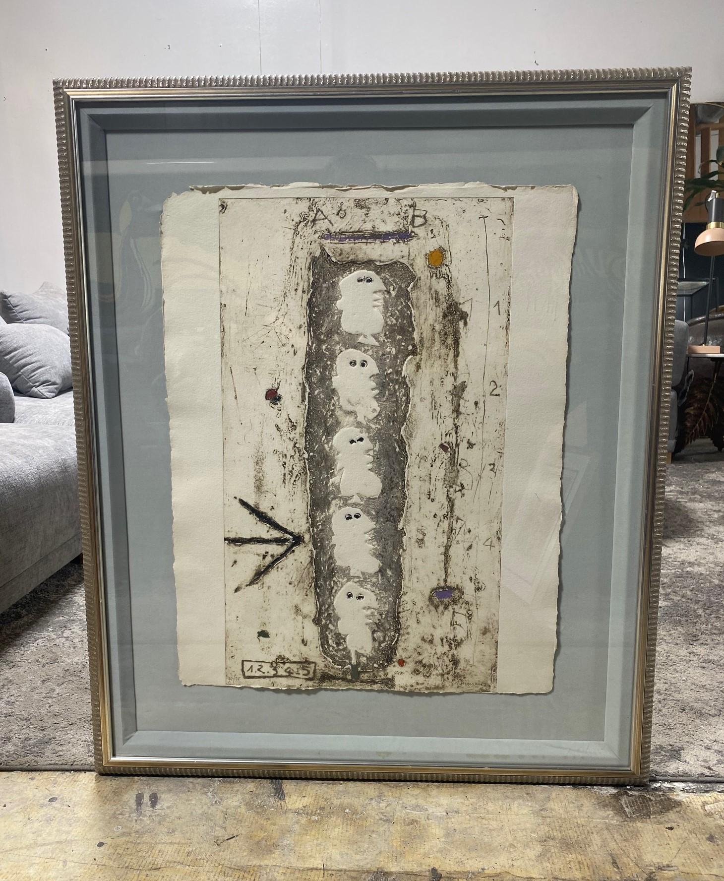 A wonderfully composed, relatively large Carborundum aquatint etching by famed French artist/painter and sculptor James Coignard.  This work features a group of floating heads/figures and various mysterious signs and symbols that Coignard became