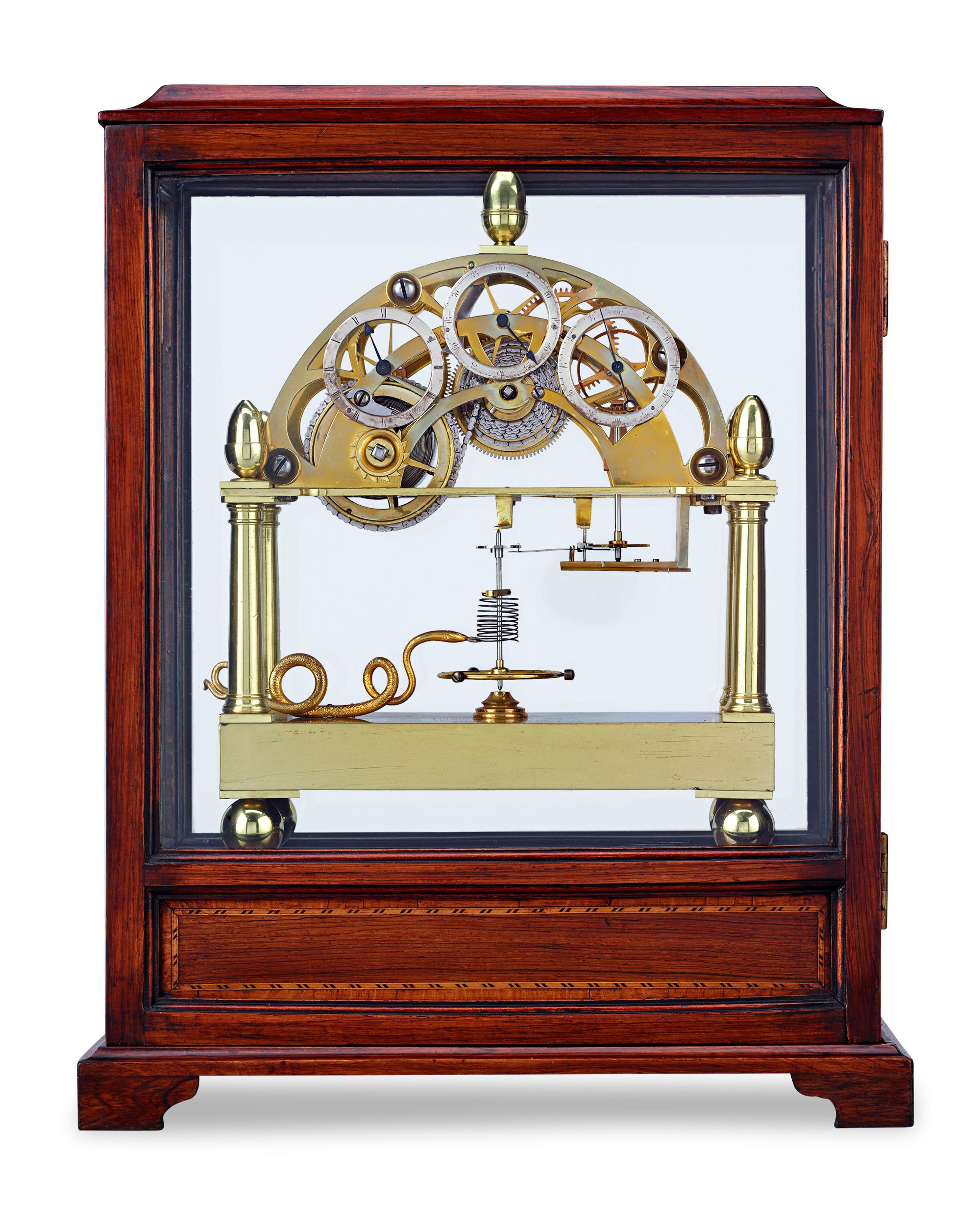 A horologic masterpiece of precision and beauty, this Victorian-era skeleton clock is an extraordinary example of 19th-century British clockmaking by the famed James Condliff of Liverpool. Regarded as the father of the English skeleton clock,