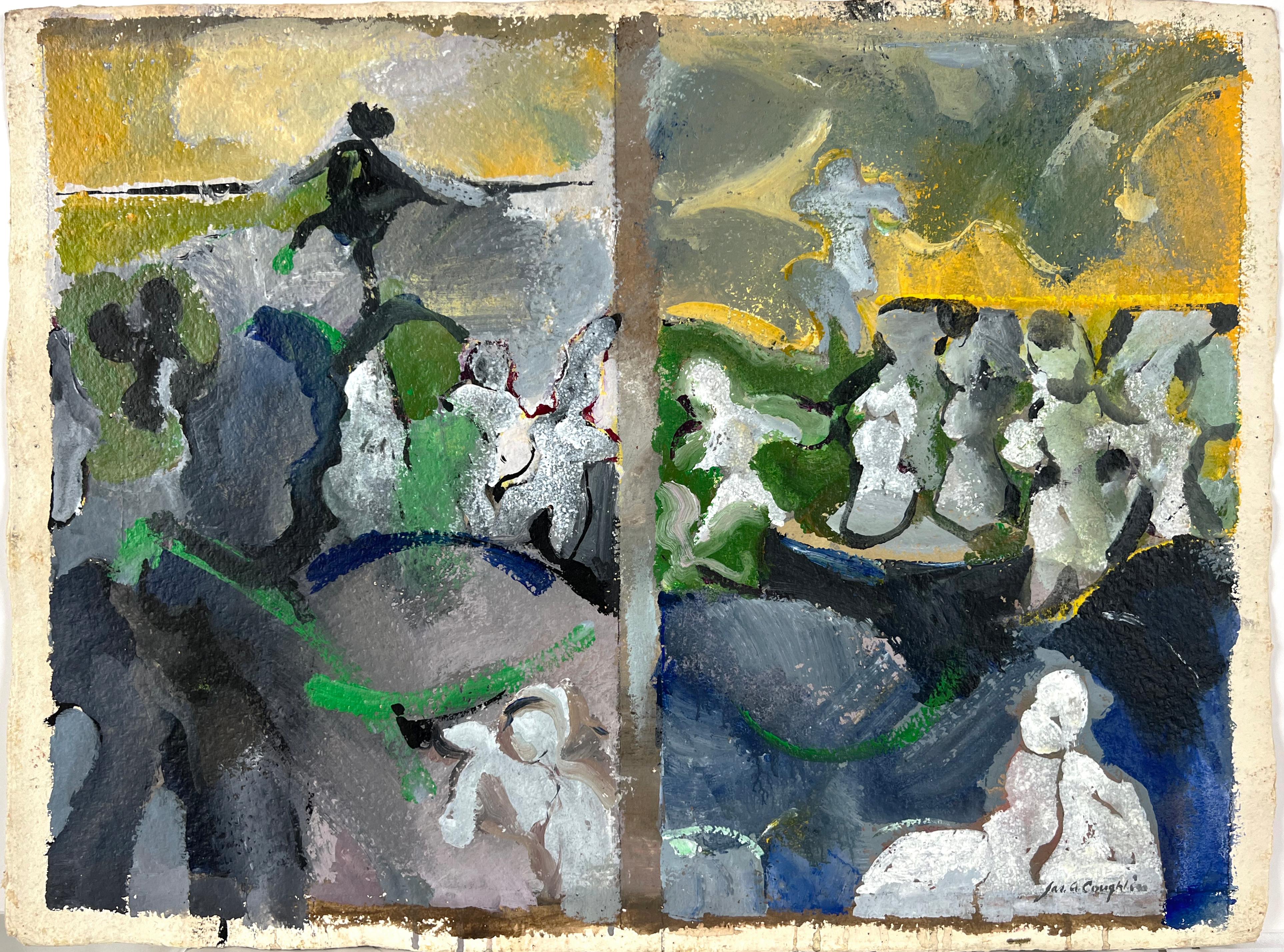 Abstract Figural and Pediments - Two Sided Art 
Mid century figural and architectural painting on paper. Heavy layers of paint with a dog on an abutment and two Japanese wrestlers in a floating suspension to the elements. Grey, blue and green