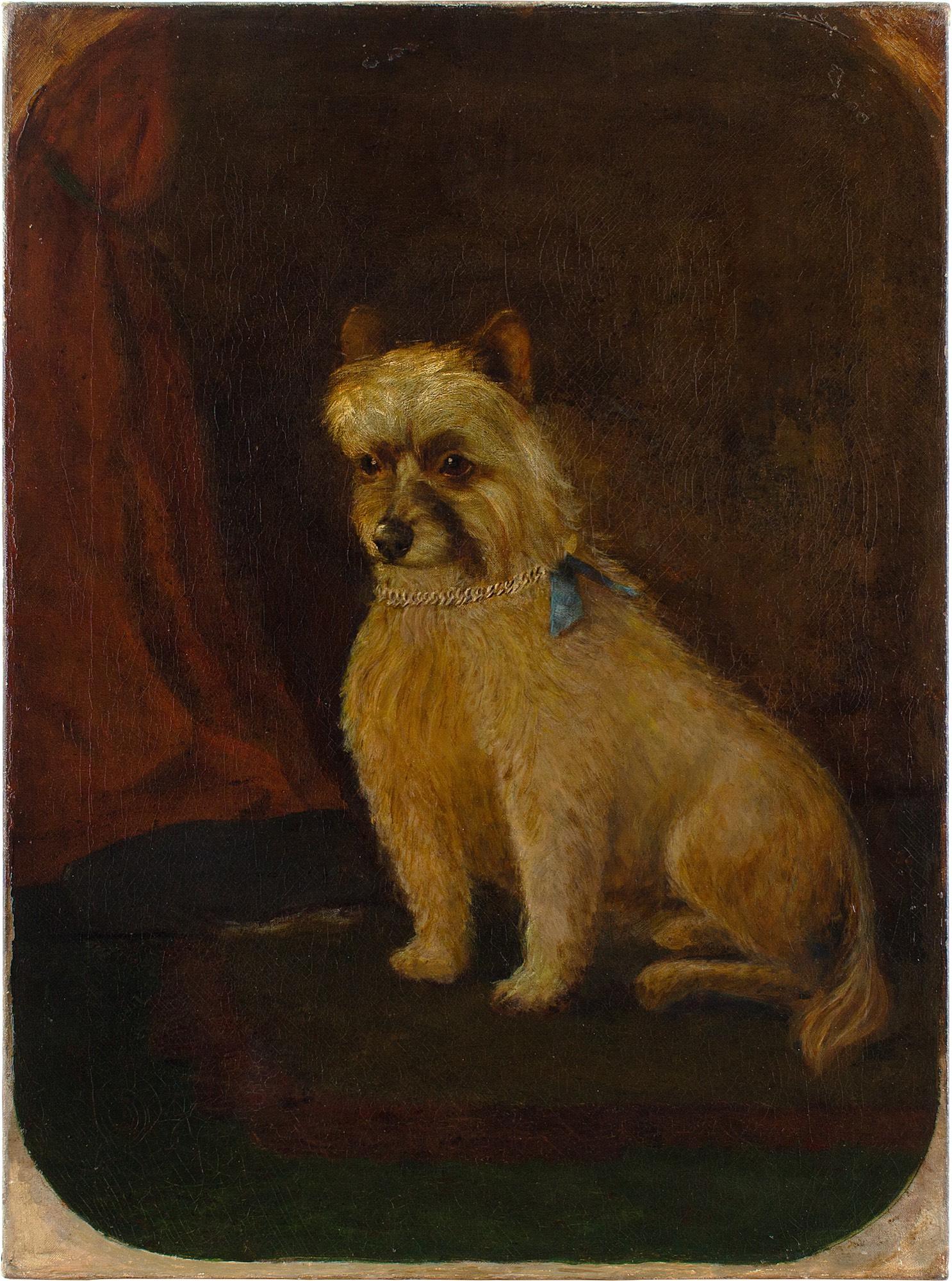 This late-19th-century oil painting by Scottish artist James Coutts Michie (1859-1919) depicts an obedient terrier wearing a chain with a blue bow.

With his lop-sided ears, squashed face, and tiny back legs, this pooch is a truly charming creature.