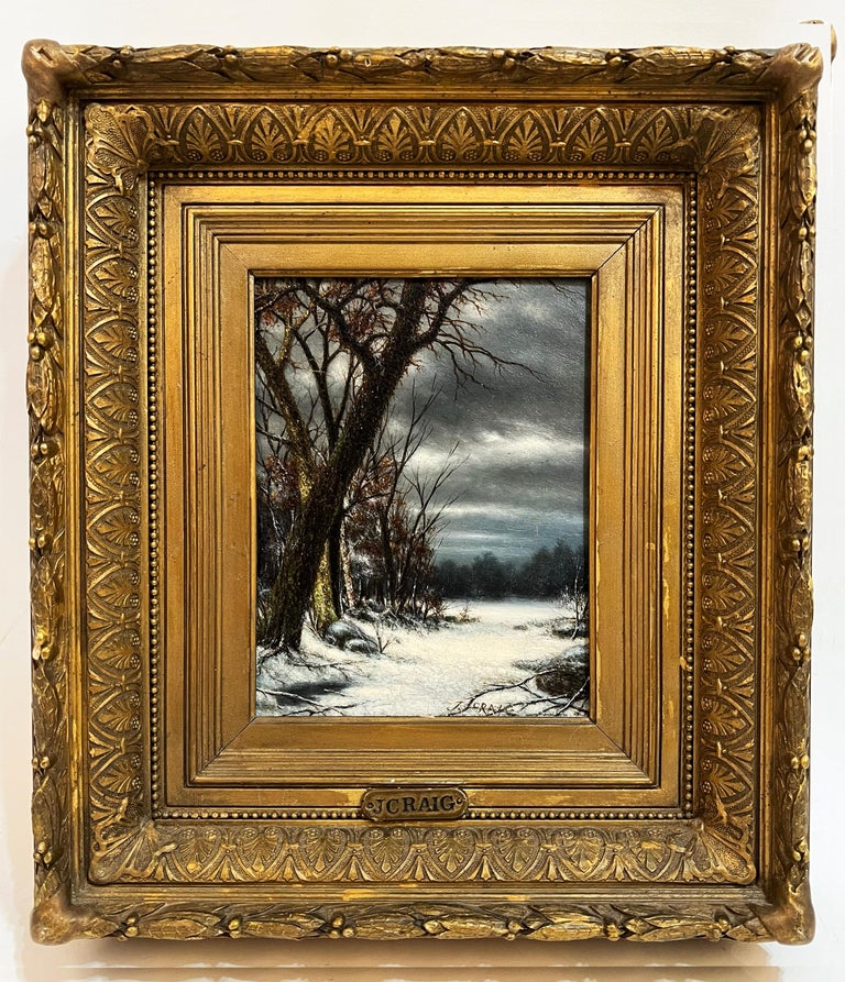 Antique Irish Winter Landscape Signed 19th Century Framed Oil Painting - Brown Landscape Painting by James Craig