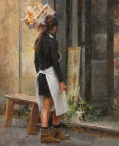Auf dem Markt in Lucca, Italien – Impressionismus – Öl auf Leinen – 24" x 18"