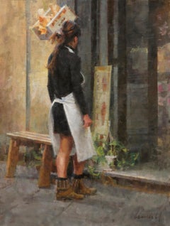Auf dem Markt in Lucca, Italien – Impressionismus – Öl auf Leinen – 24" x 18"