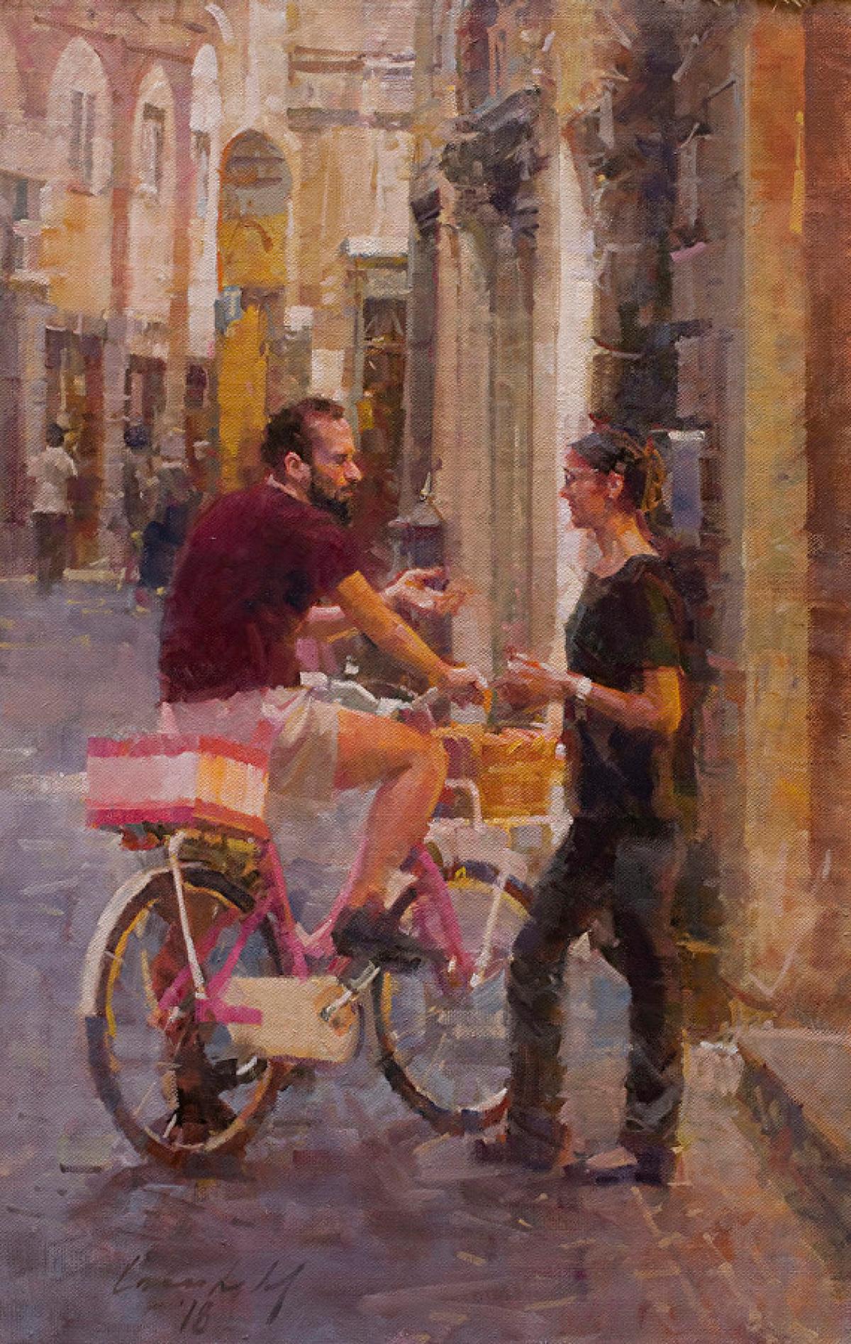 Conversation w/The Delivery Man, oil, 26x17, Lucca, Italy, Impressionism  - Painting by James Crandall