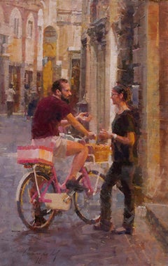 Conversation w/The Delivery Man, oil,26x17, Lucca, Italy, Impressionism 