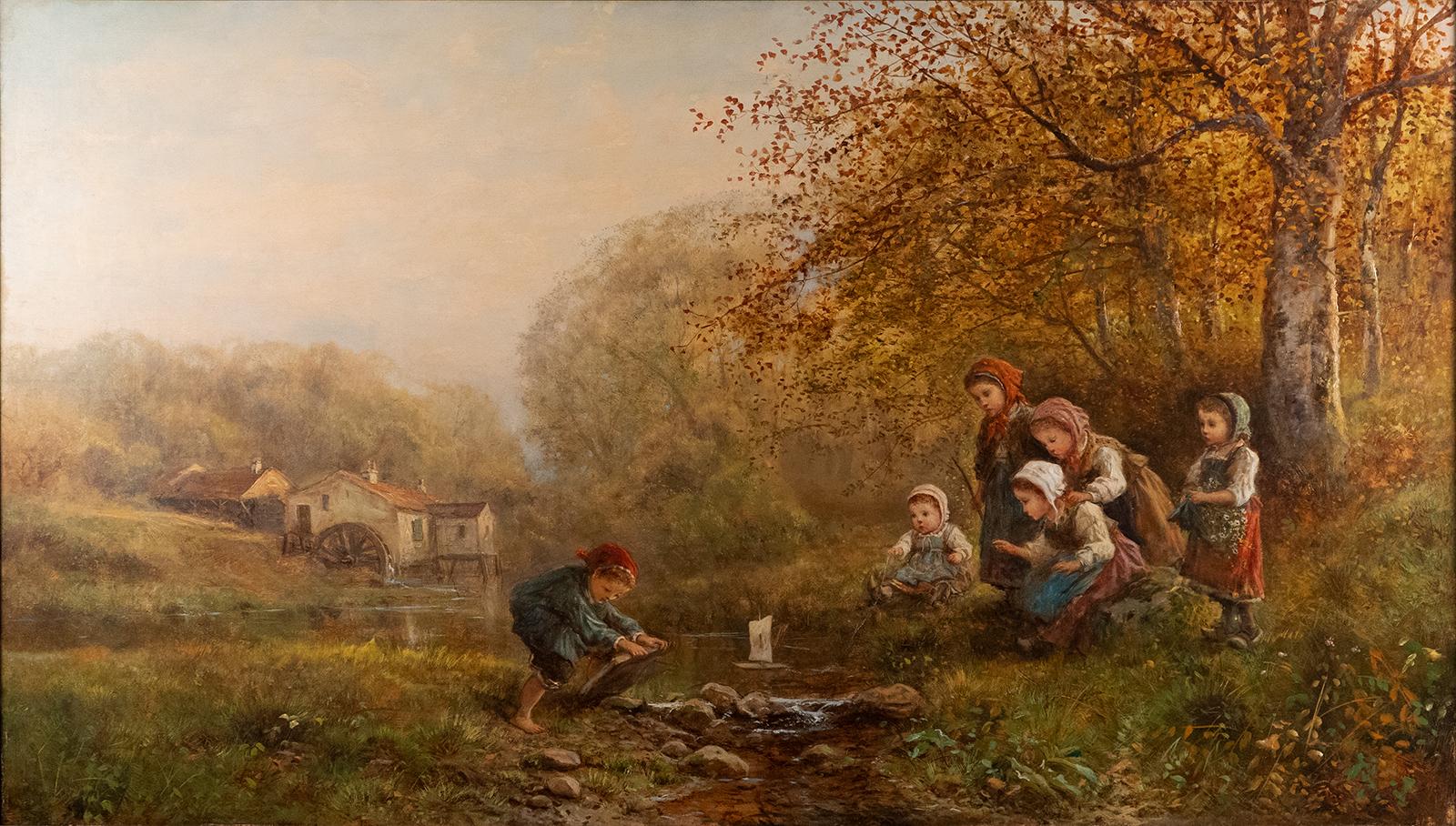 Kinder beim Spielen im Brook von James Crawford Thom im Angebot 1