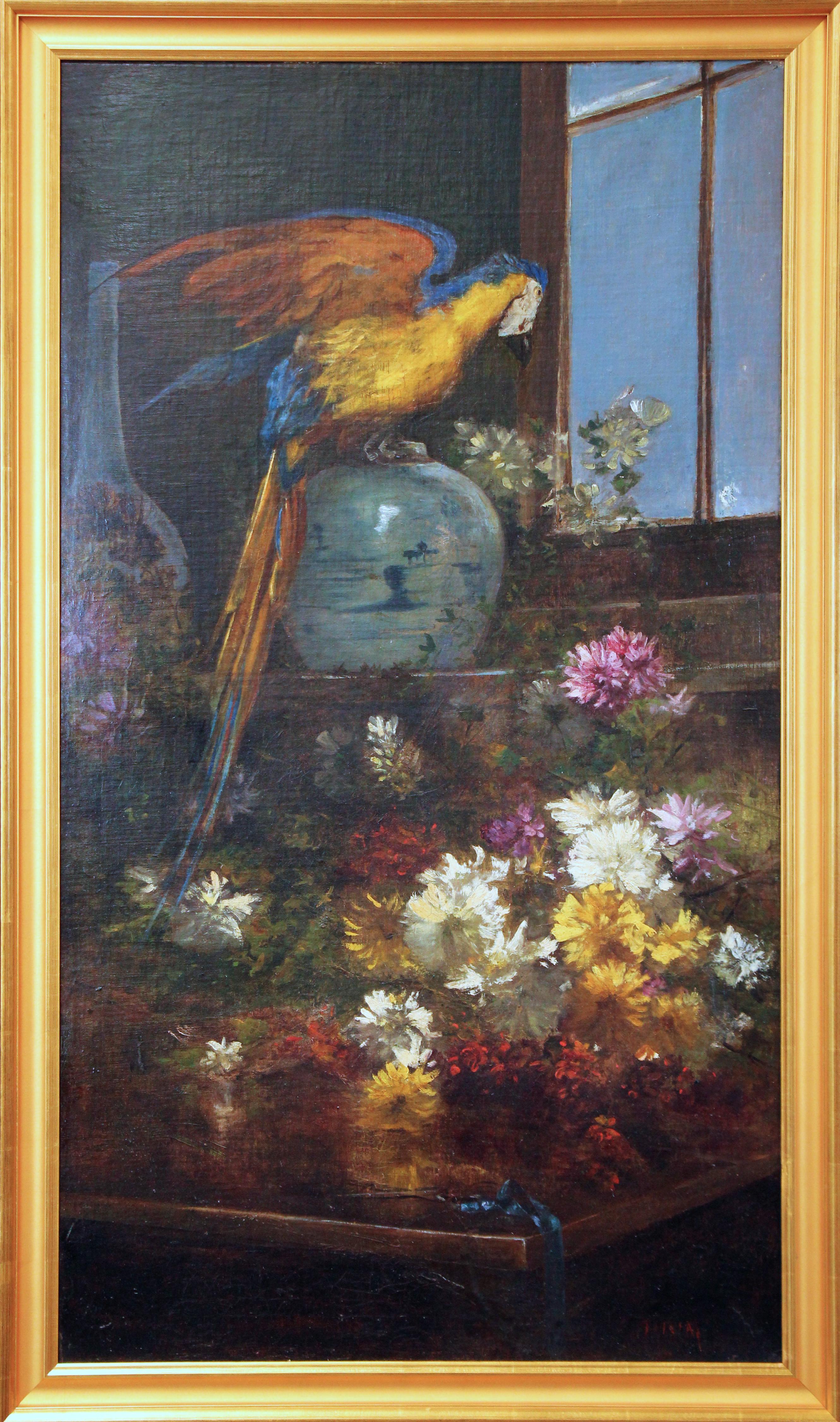Loro y crisantemo, bodegón interior del artista de Nueva Jersey - Painting de James Crawford Thom