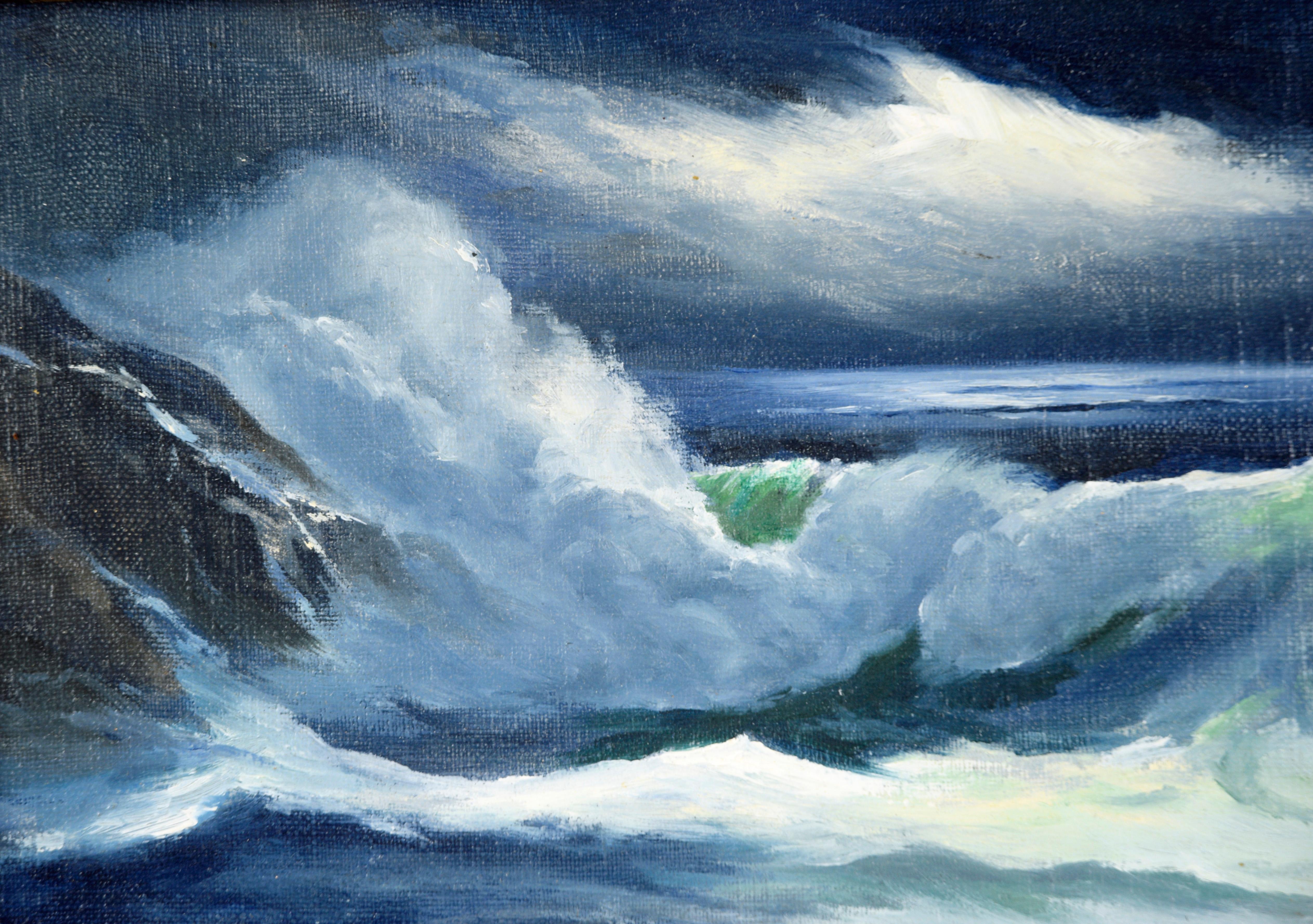 Moody Nocturne of the Monterey Coast in Oil

Beautifully rendered painting of waves crashing into a rocky cove by James Dalton (American b. 1922.) Moonlight shines through the dark and cloudy sky and illuminates the horizon in deep blue in the