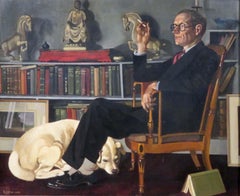 1940's Post War English original oil painting Portrait Of A Gentleman & His Dog