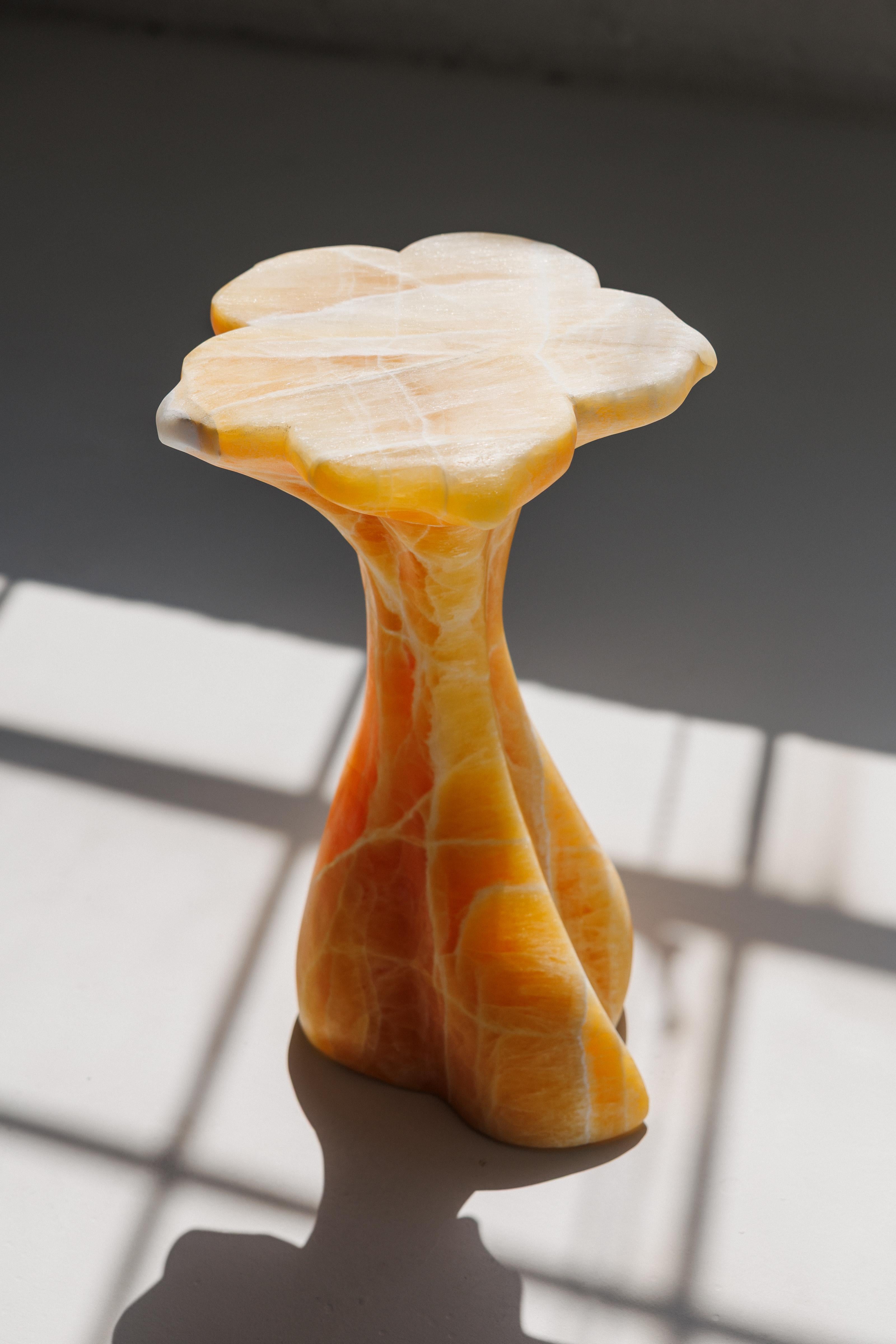 Nella nuova serie Flowerchild 2025, James de Wulf ha fatto il salto verso la pietra naturale, scolpendo la forma floreale in calcite color miele. Il tavolino in calcite massiccia del miele è stato scolpito interamente da un blocco di cava