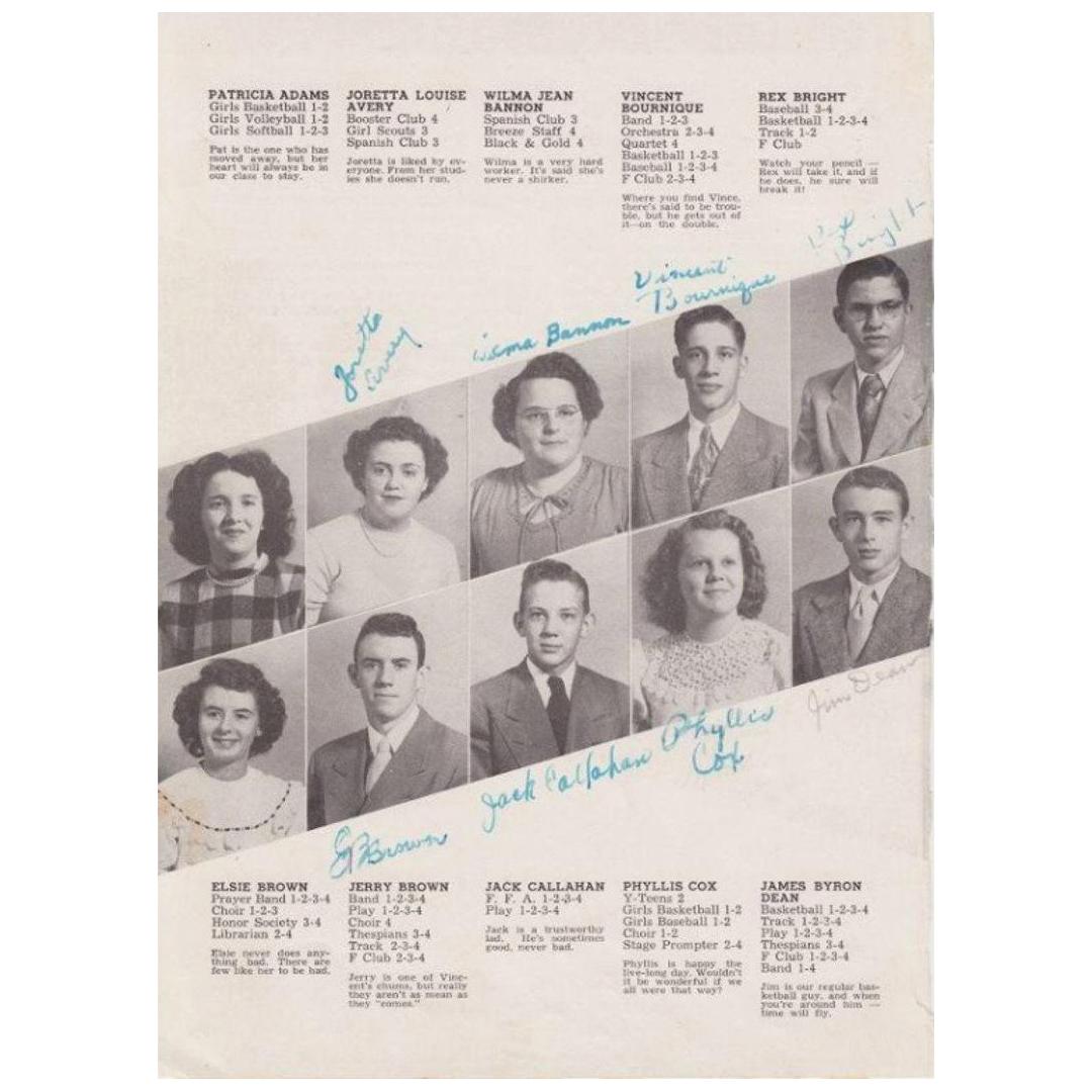 James Dean Original Autographed 1949 High School Yearbook Page