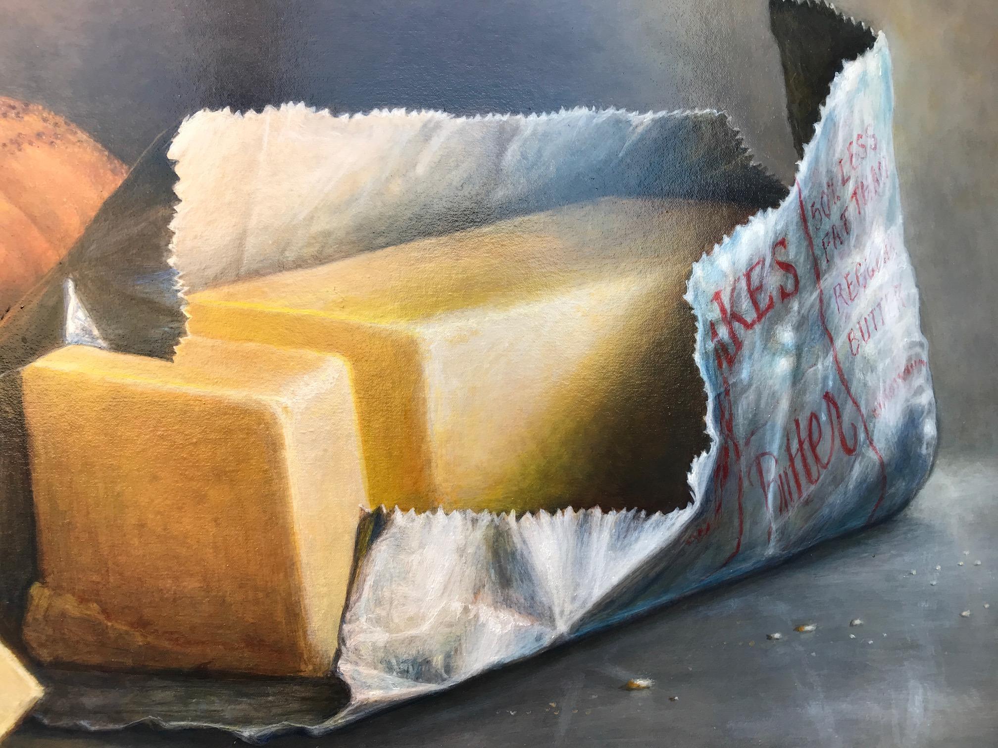 „Blatt und Butter“  Großes Stilleben mit Brot, Butter und Messer auf Grau/Braun (Realismus), Painting, von James Del Grosso
