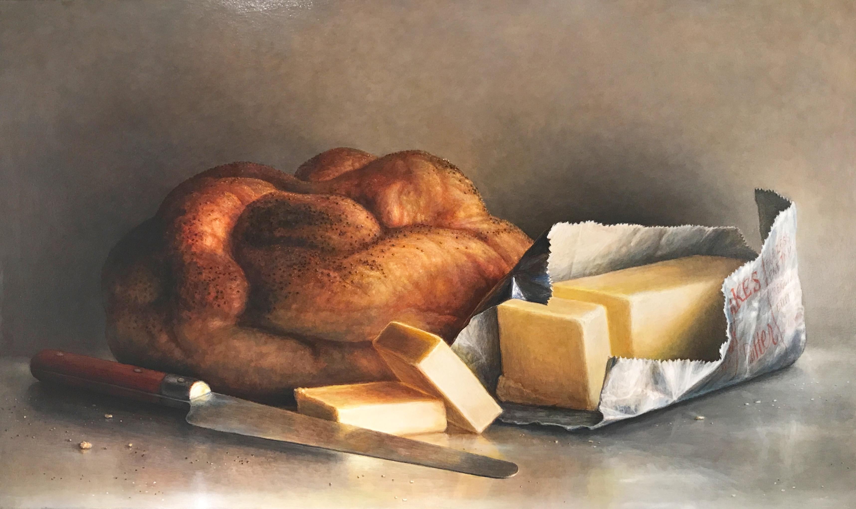 James Del Grosso Still-Life Painting – „Blatt und Butter“  Großes Stilleben mit Brot, Butter und Messer auf Grau/Braun 