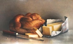 "Pain et beurre"  Grande nature morte de pain, beurre et couteau sur gris/blanc 