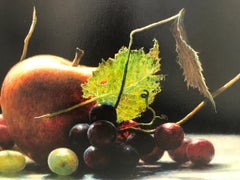 "Fort Pond Still Life with Apple"  Dramatic Apple and Grapes on Black with Light