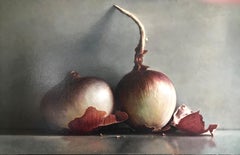 "Two Red Onions"  Very realistic luminous large still life of red onions on gray