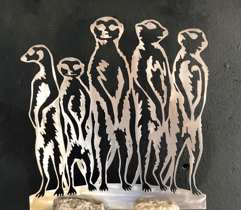 James Delaney Still-Life Sculpture - Meerkat Family- Contemporary sculpture, Stainless steel in concrete base