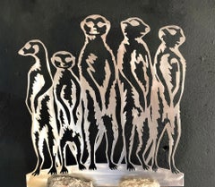 Meerkat Family- Sculpture contemporaine, acier inoxydable sur socle en béton