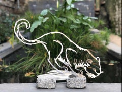 Leopard Drinking- Contemporary sculpture, Stainless steel in concrete base