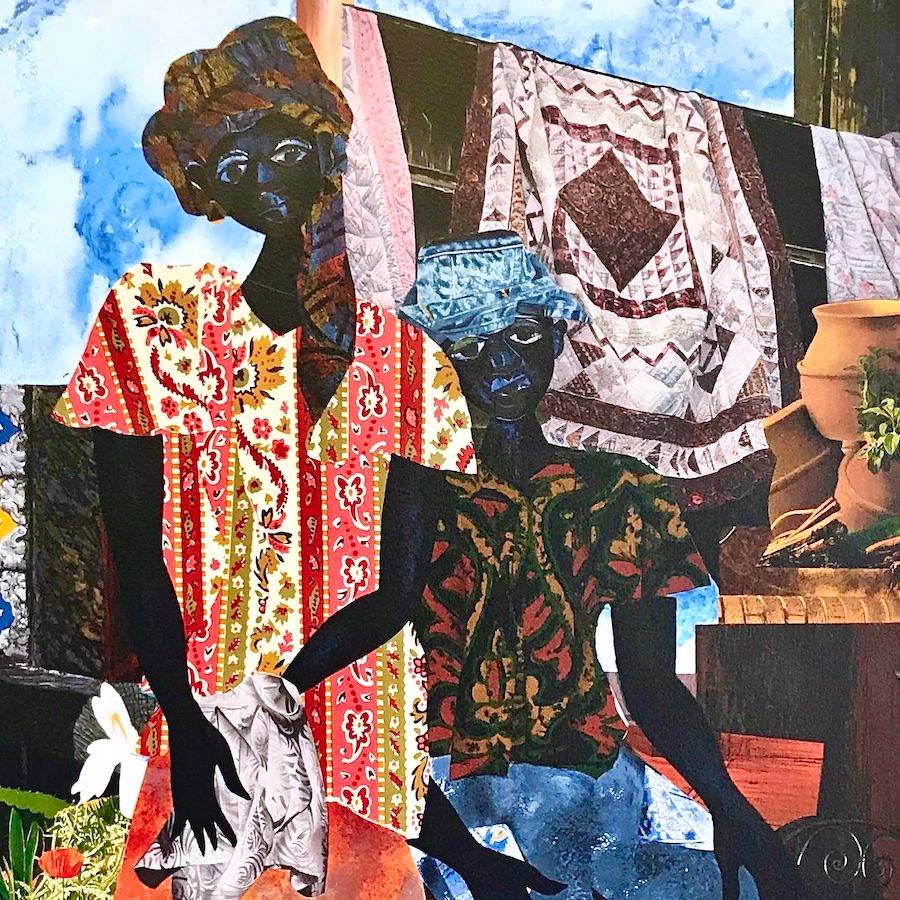 BACKYARD Signed Lithograph, Black Couple, African American Heritage, Quilts  - Print by James Demark