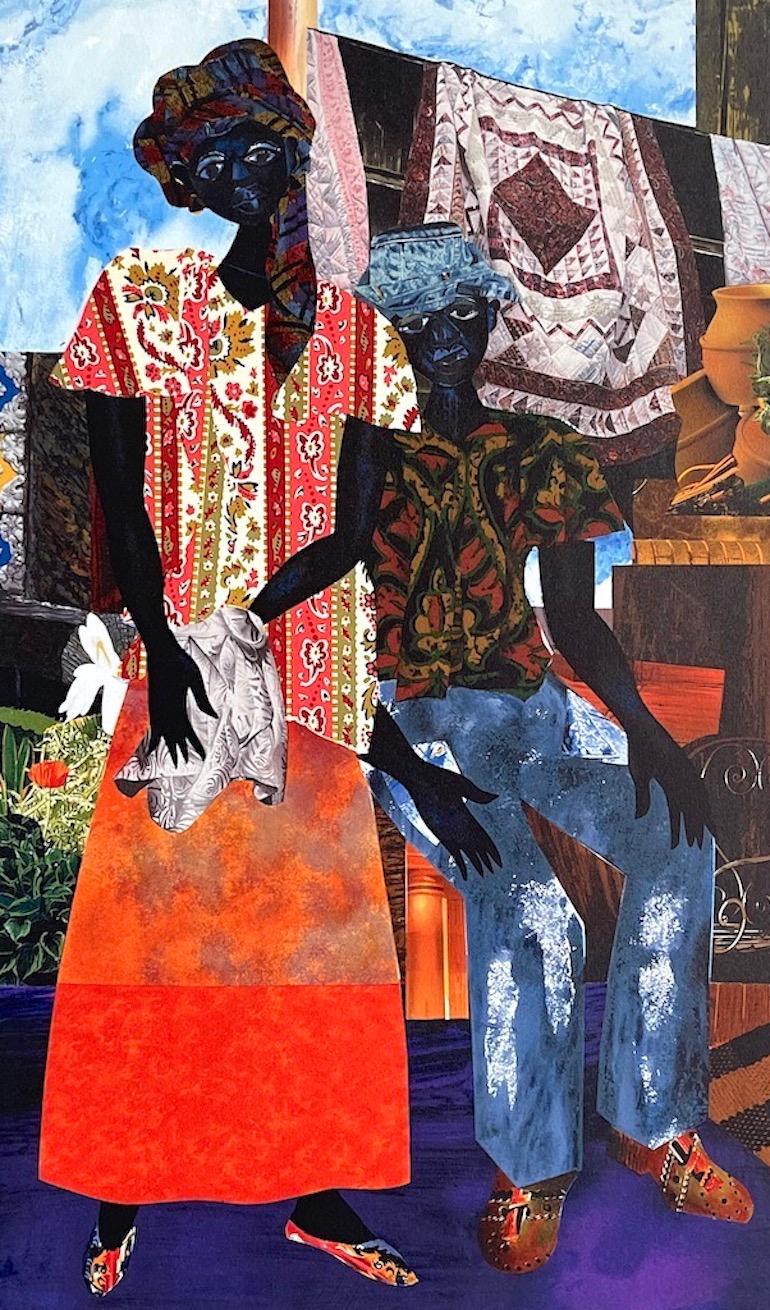 James Denmark Figurative Print - BACKYARD Signed Lithograph, Black Couple, African American Heritage, Quilts