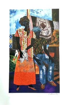 BACKYARD Signed Lithograph, Black Couple, African American Heritage, Quilts