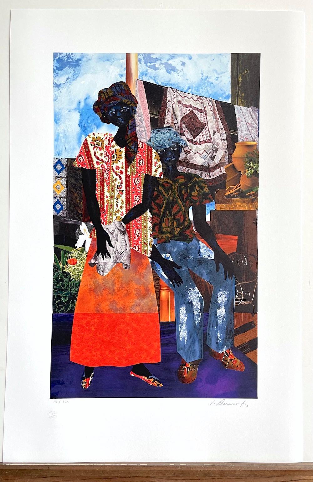 BACKYARD Litografía firmada, Pareja negra, Herencia afroamericana, Colchas en venta 3