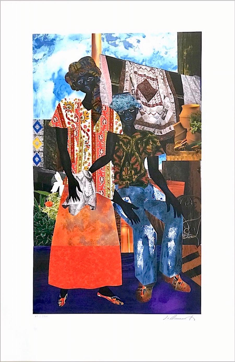 James Demark Portrait Print – BACKYARD Signierte Lithographie, Schwarzes Paar, afroamerikanisches Erbe, Steppdecken 
