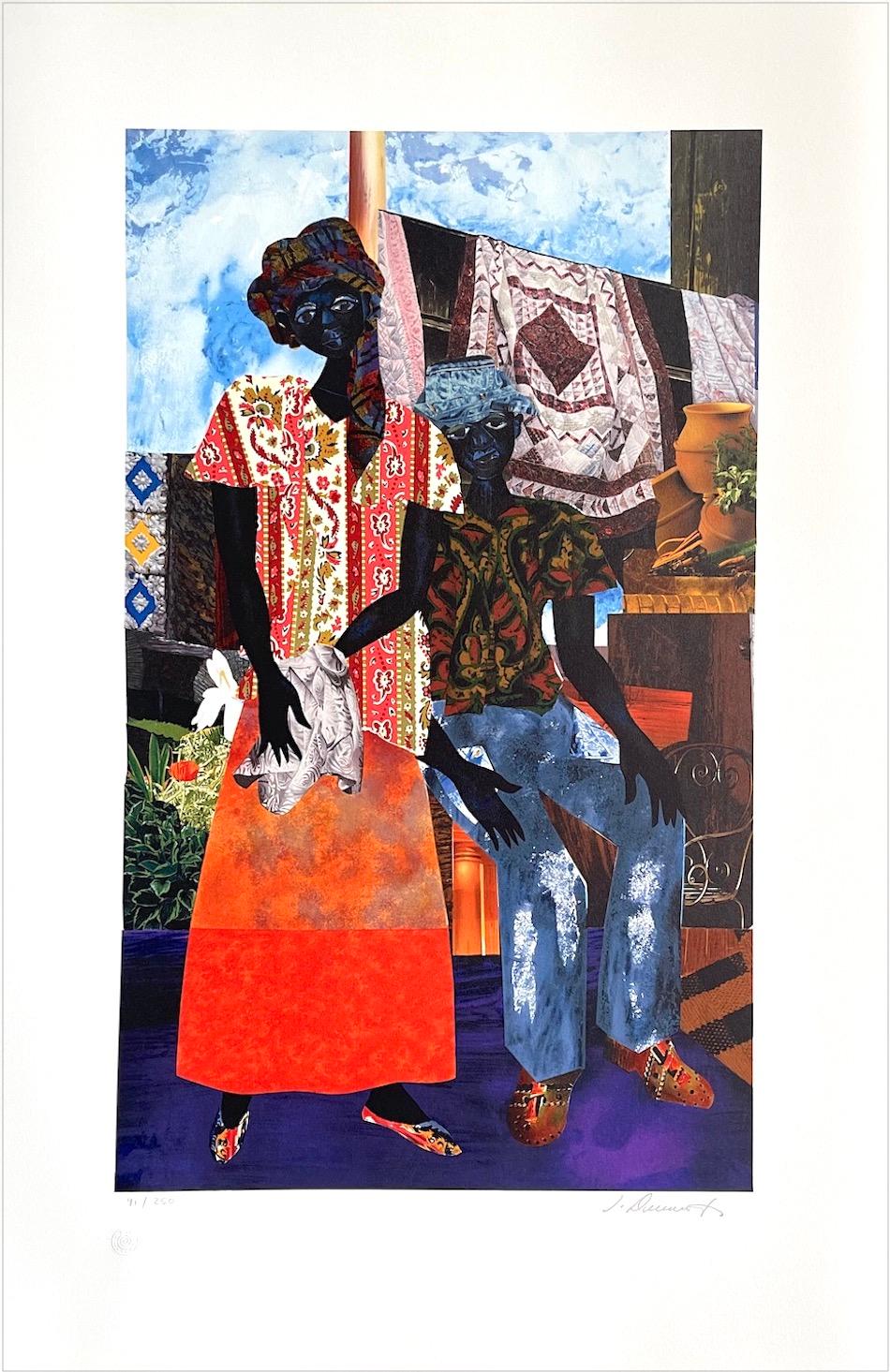 BACKYARD Litografía firmada, Pareja negra, Herencia afroamericana, Colchas - Print de James Denmark