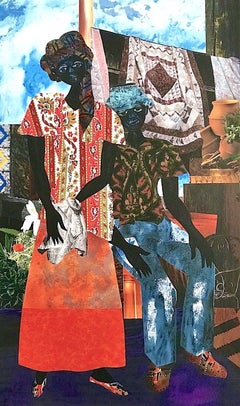 BACKYARD Signed Lithograph, Black Couple, African American Heritage, Quilts 