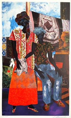Retro BACKYARD Signed Lithograph, Black Couple, African American Heritage, Quilts 