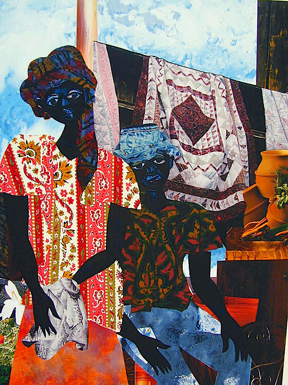 BACKYARD Signed Lithograph, Black Couple, African American Heritage, Quilts  - Print by James Demark