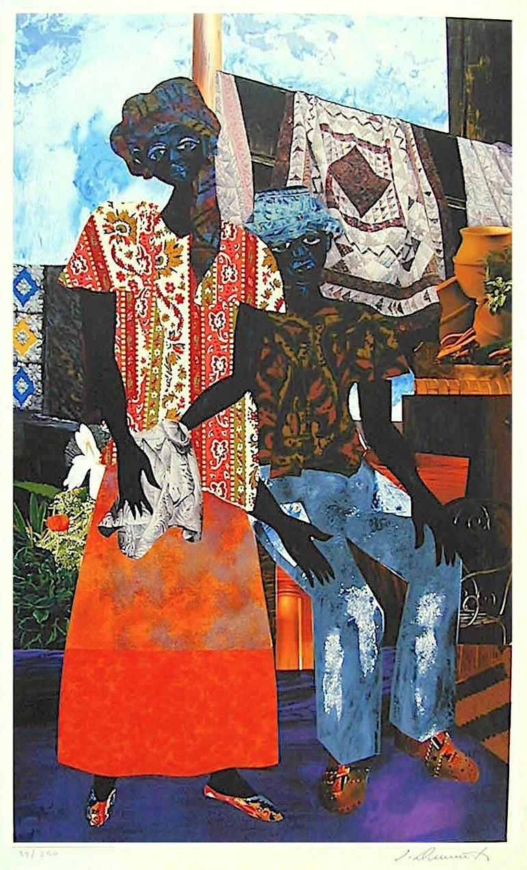 James Demark Portrait Print - BACKYARD Signed Lithograph, Black Couple, African American Heritage, Quilts 