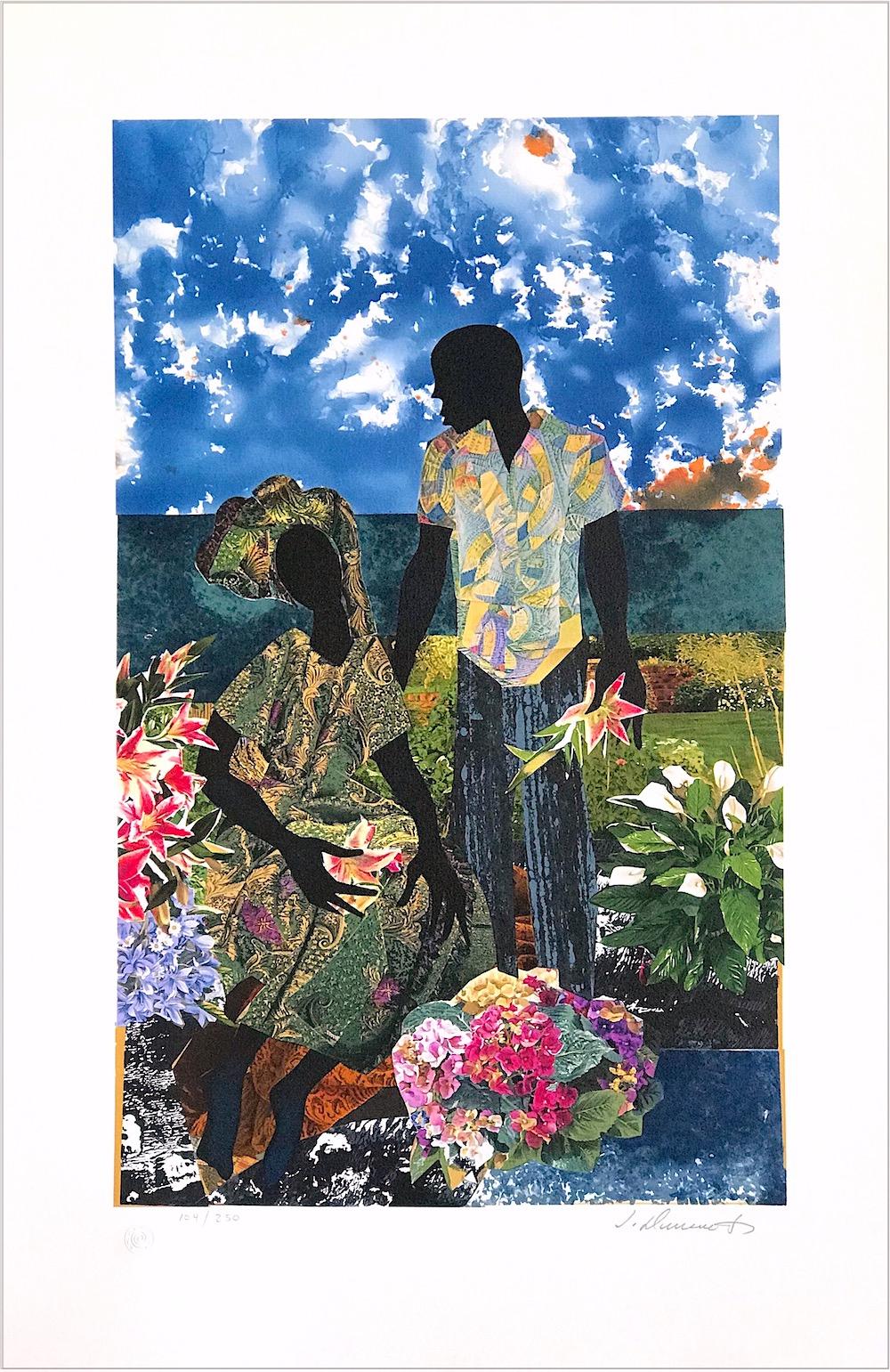GARDEN ROMANCE Signed Lithograph, Black Couple Portrait, Lovers, Flower Garden - Print by James Demark