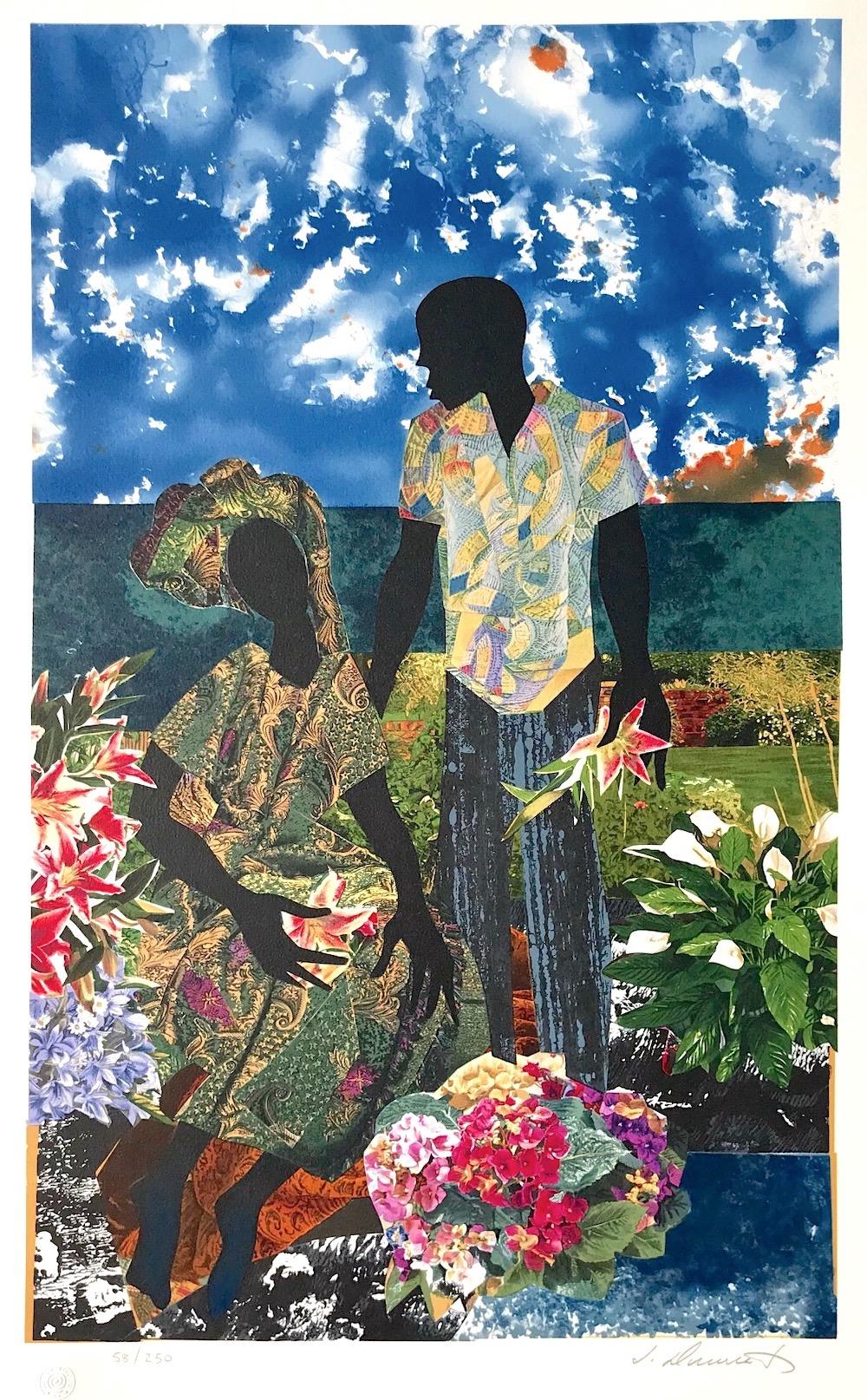 GARDEN ROMANCE Litografia firmata, ritratto di coppia in nero, amanti, giardino fiorito - Print di James Denmark