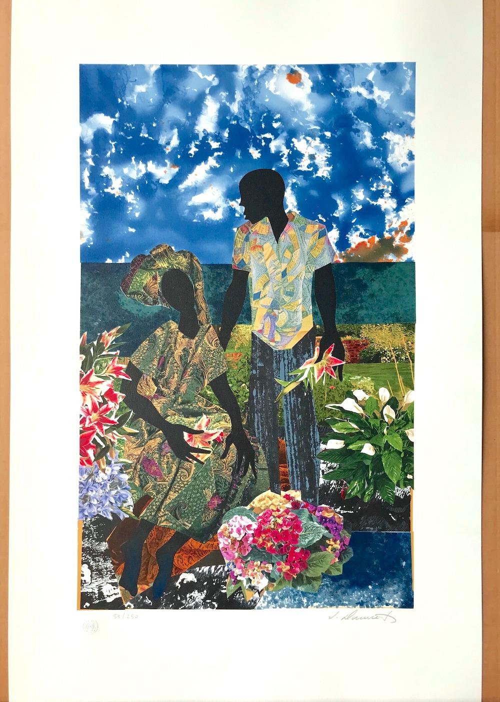 GARDEN ROMANCE de l'artiste James Denmark est une lithographie originale dessinée à la main, en édition limitée (pas de reproduction photographique ni d'impression numérique), imprimée sur du papier Somerset de qualité archive en utilisant des