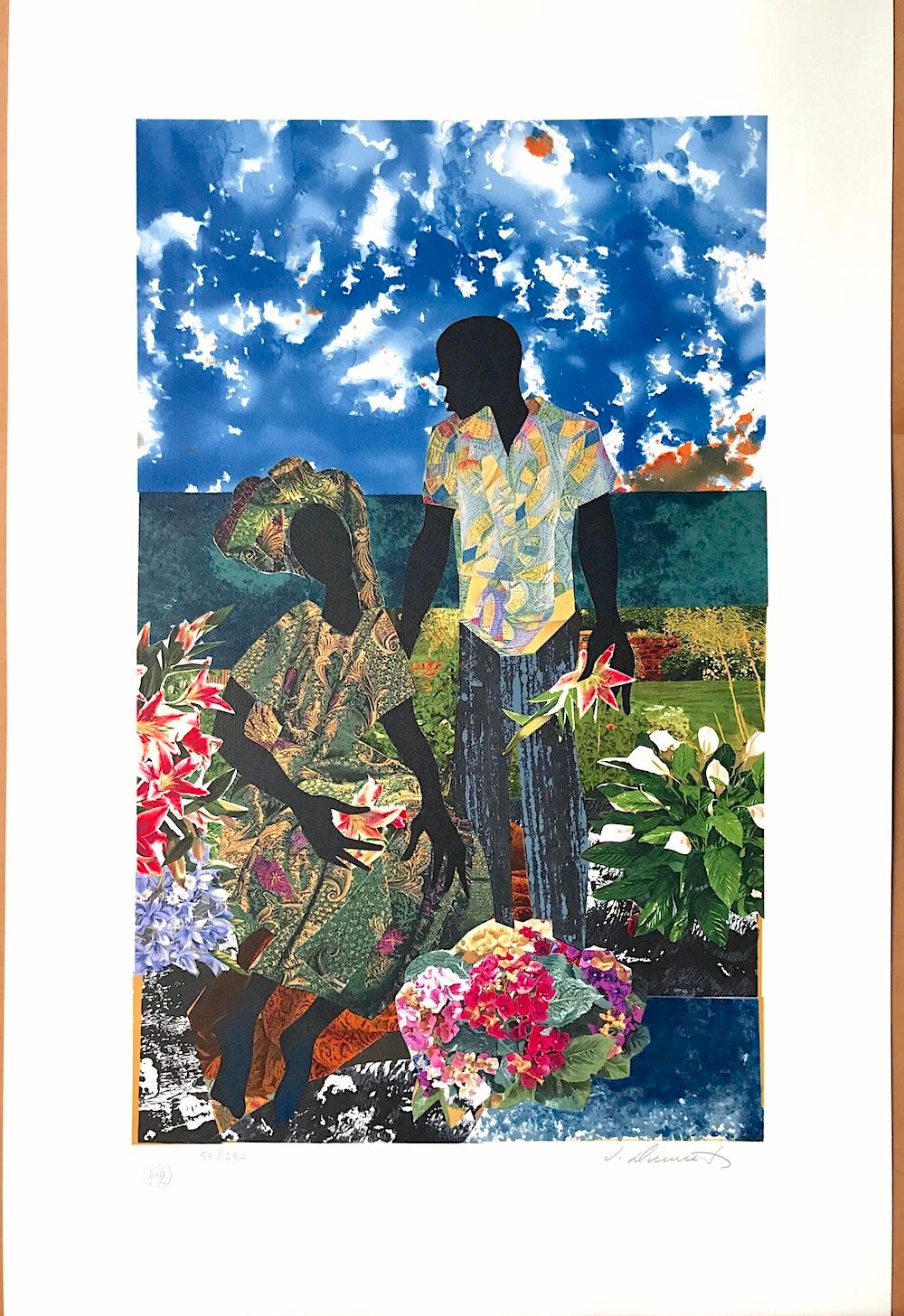 GARDEN ROMANCE Signed Lithograph, Black Couple Portrait, Lovers, Flower Garden - Blue Landscape Print by James Demark