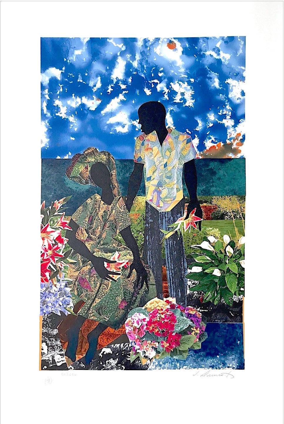 James Demark Landscape Print - GARDEN ROMANCE Signed Lithograph, Black Couple Portrait, Lovers, Flower Garden