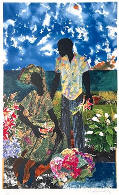 Retro GARDEN ROMANCE Signed Lithograph, Black Couple Portrait, Lovers, Flower Garden